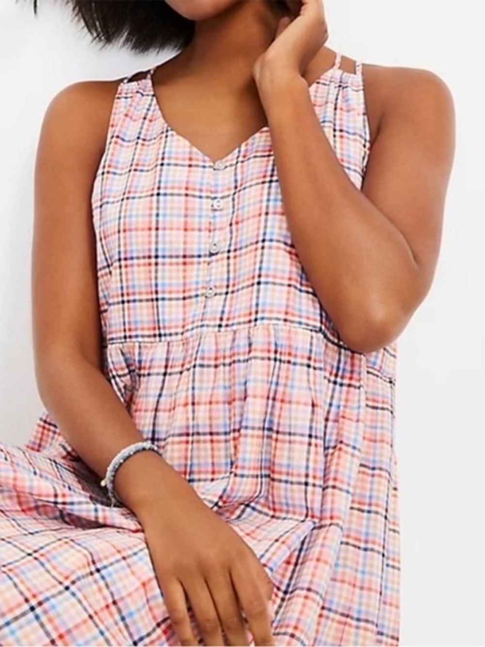 EUC LOFT Plaid Spaghetti Straps Maxi Dress, Lined, Button FrontTop, Layered